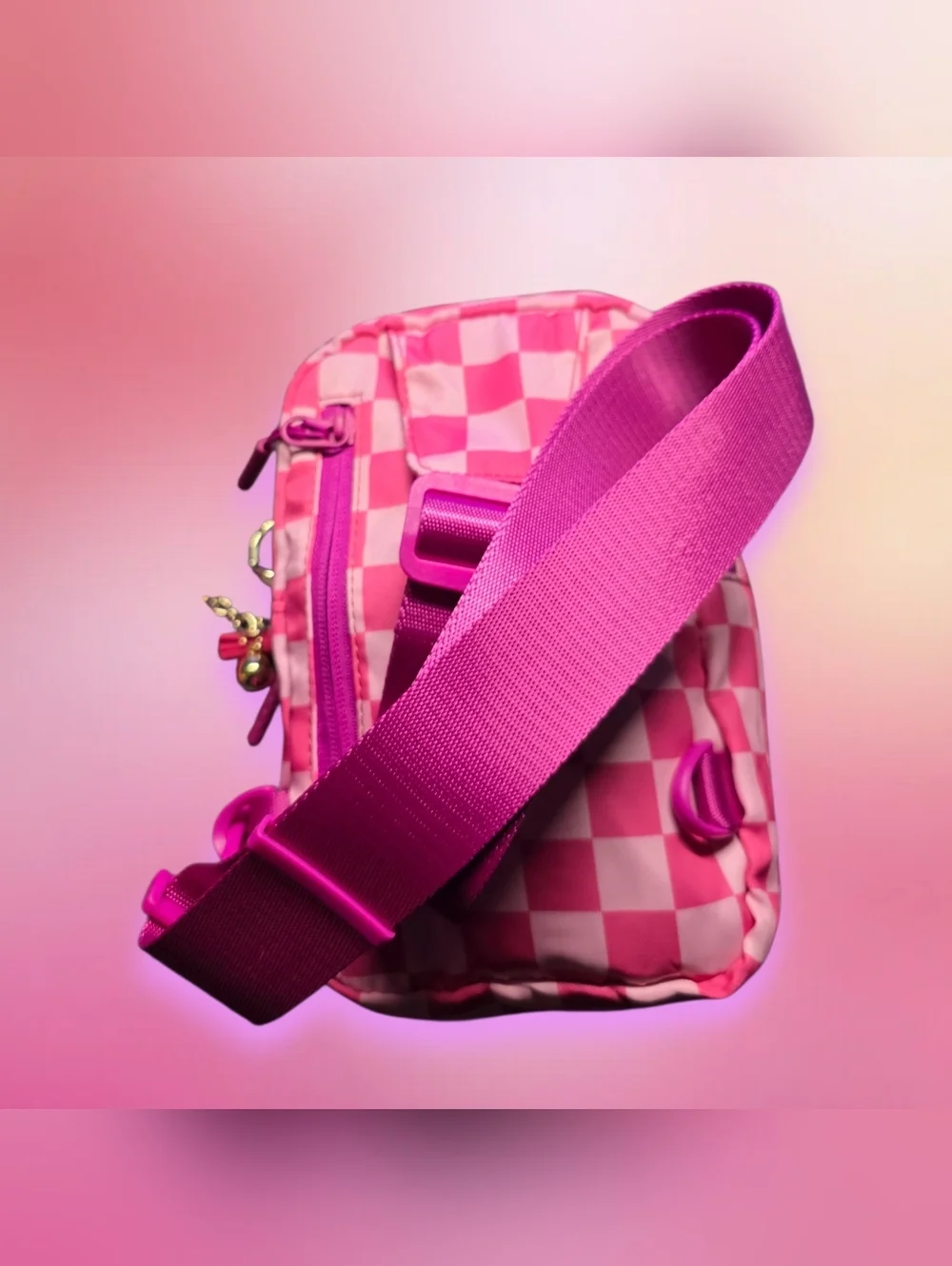 Pink Checkered Crossbody/Sling Bag with Bag Charm - Picture 3 of 3